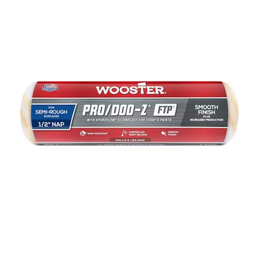 The image showcases the WOOSTER Pro/Doo-Z FTP 9 in. Roller Cover, designed for semi-rough surfaces with a 1/2 nap, making it perfect for professional painters aiming for a smooth finish and high efficiency on walls and ceilings.
